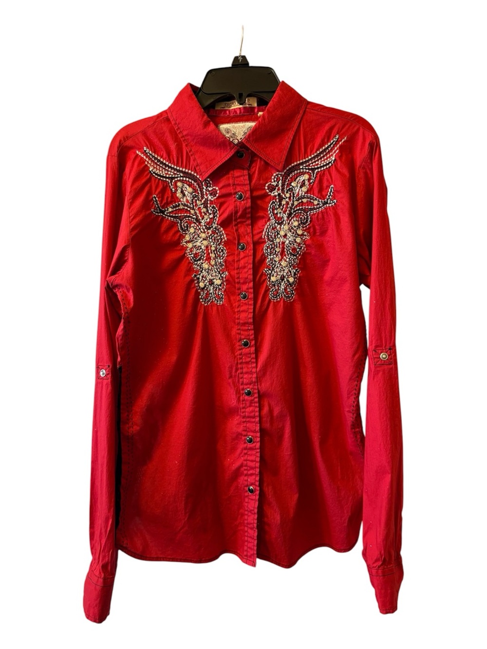 Red Western Embellished Button-Up Shirt with Black Pearl Snaps